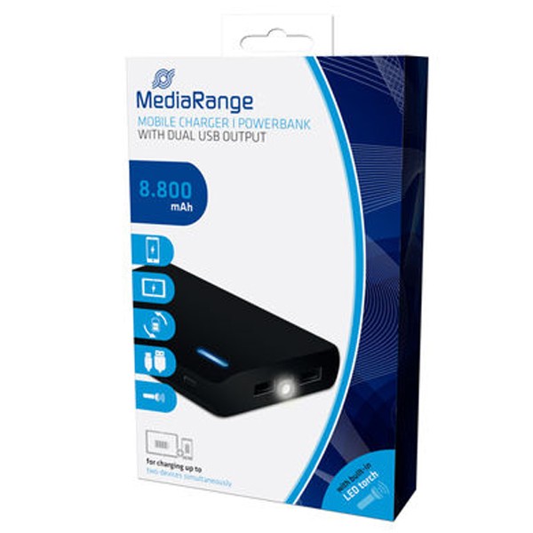 MediaRange MR752 Powerbank 8.800 mAh mit zwei USB-Ausgängen und integrieter Taschenlampe